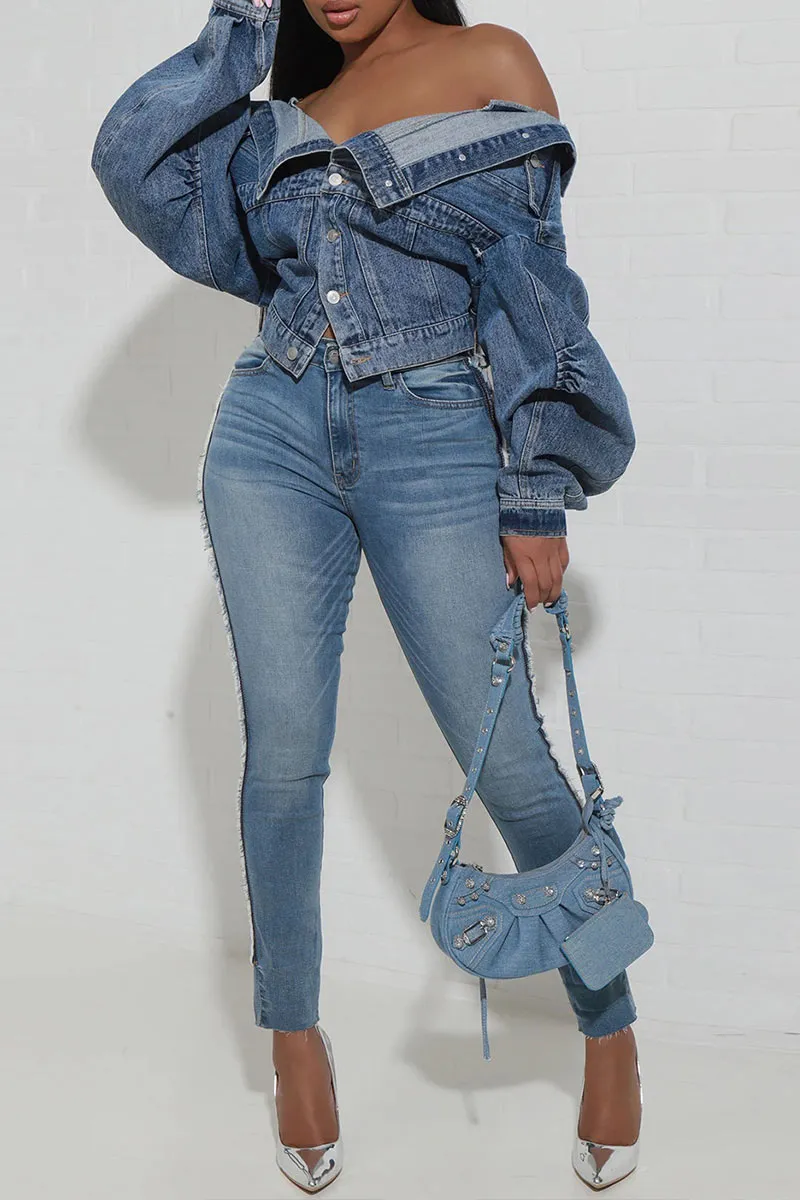 CG688 Irregular Neckline Denim Jacket