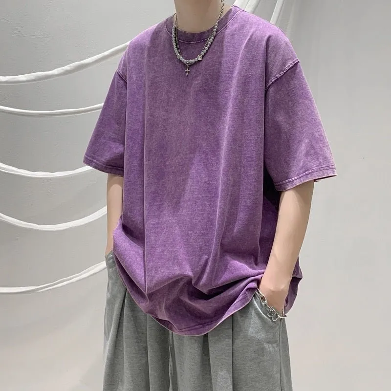 Design Batik Acid Washed T-shirts Men Short Sleeve Tees 2023 Streetwear Summer Man Oversized Tshirt Heavy Fabric Cotton Tops