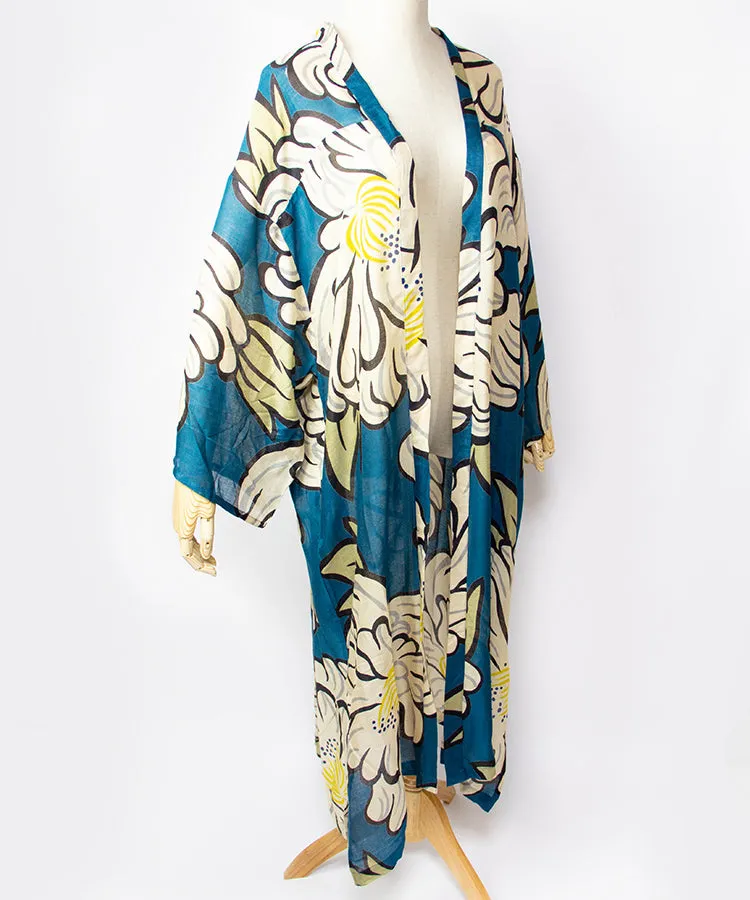 Sun Protection Long Cardigan  / Blue Green Peony Boho Kimono Cardigan