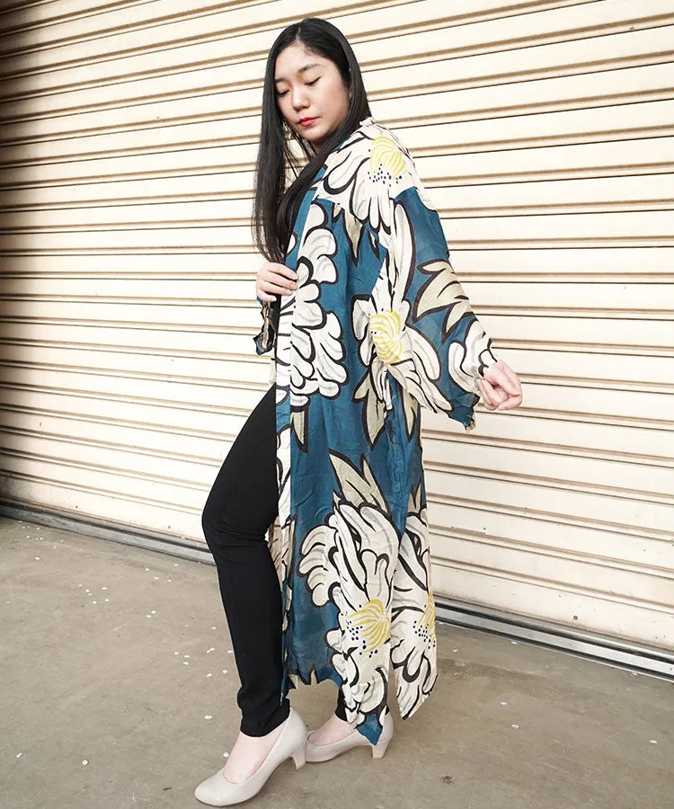 Sun Protection Long Cardigan  / Blue Green Peony Boho Kimono Cardigan