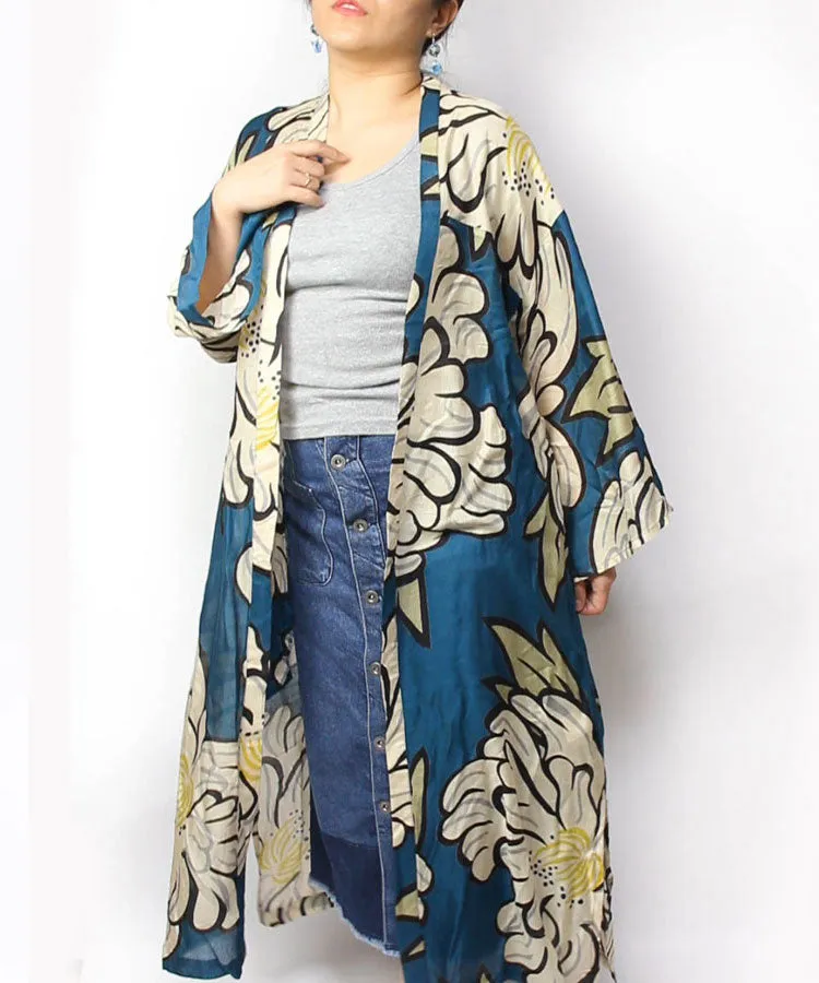 Sun Protection Long Cardigan  / Blue Green Peony Boho Kimono Cardigan