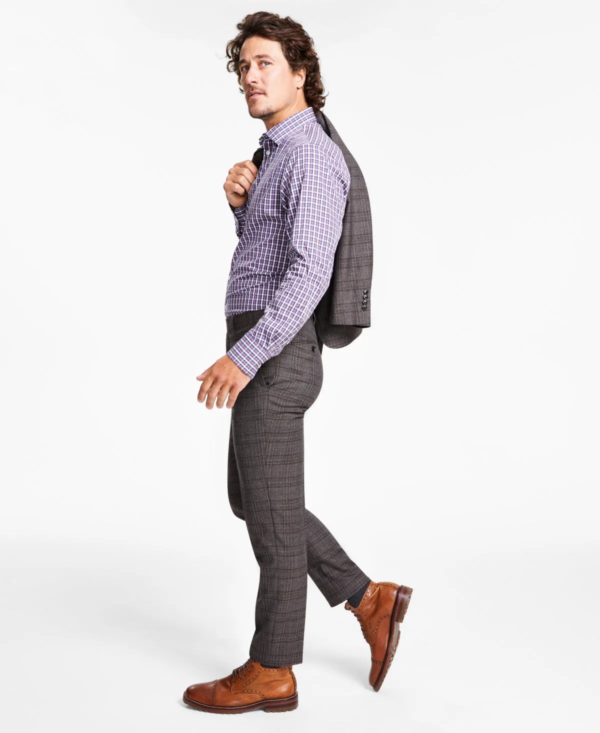 Tallia Men's Slim Fit Stretch Plaid Suit Dress Pants Brown Plaid 32 x 32