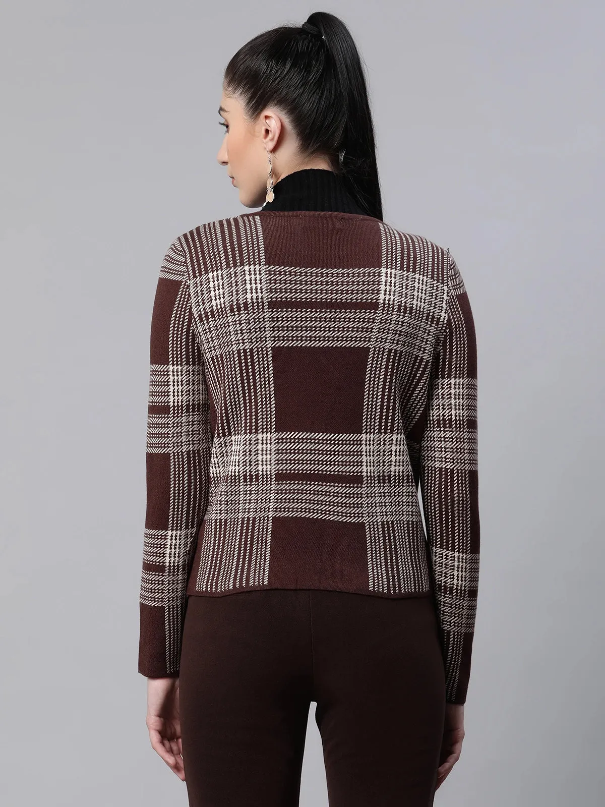 Women Checkered Wine Slim Fit Casual Cardigan