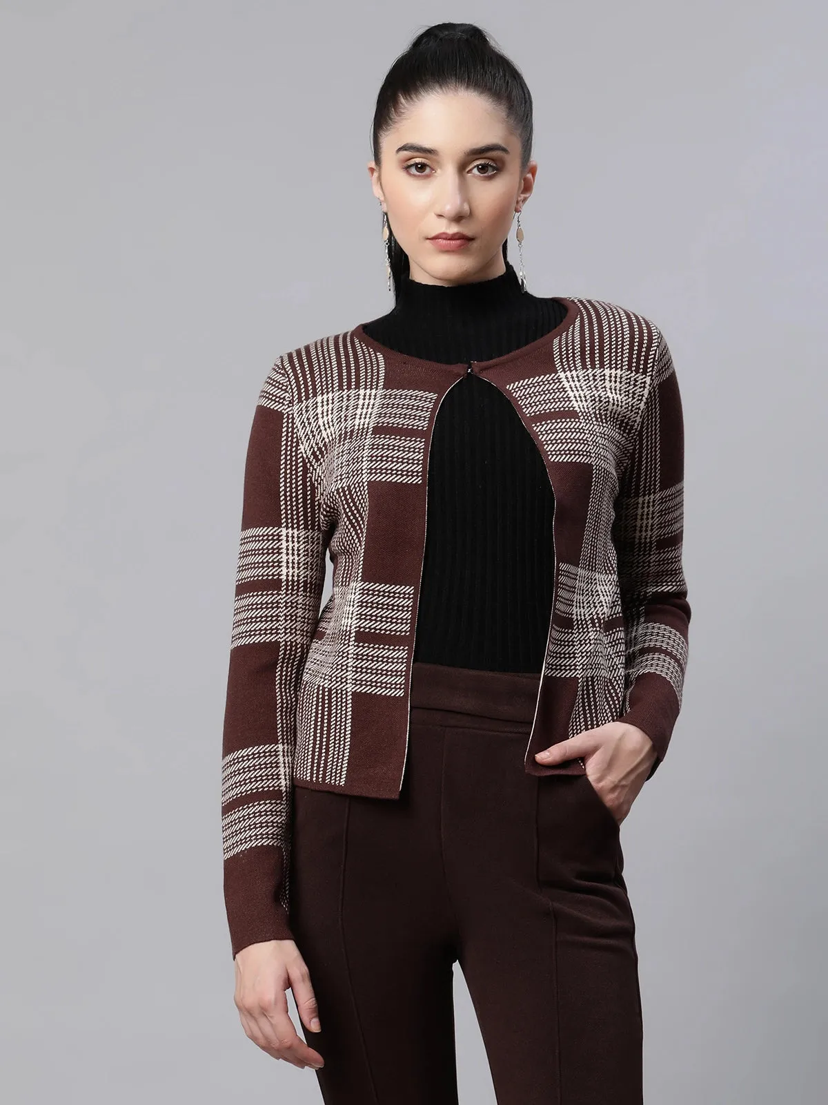 Women Checkered Wine Slim Fit Casual Cardigan