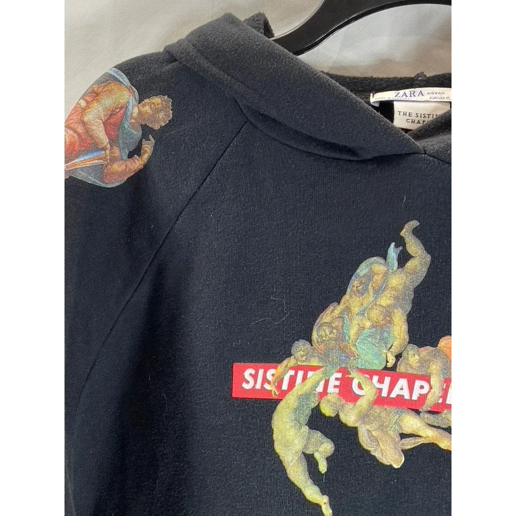 ZARA Women's Black Sistine Chapel Graphic Pullover Cropped Hoodie SZ M